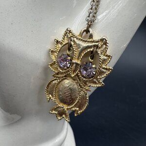 Vintage Owl Pendant Necklace Swinging Articulated Eyes Purple Rhinestone